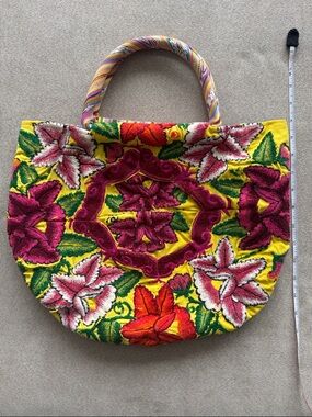 Embroidered Floral Tote Bag in Yellow and Pink